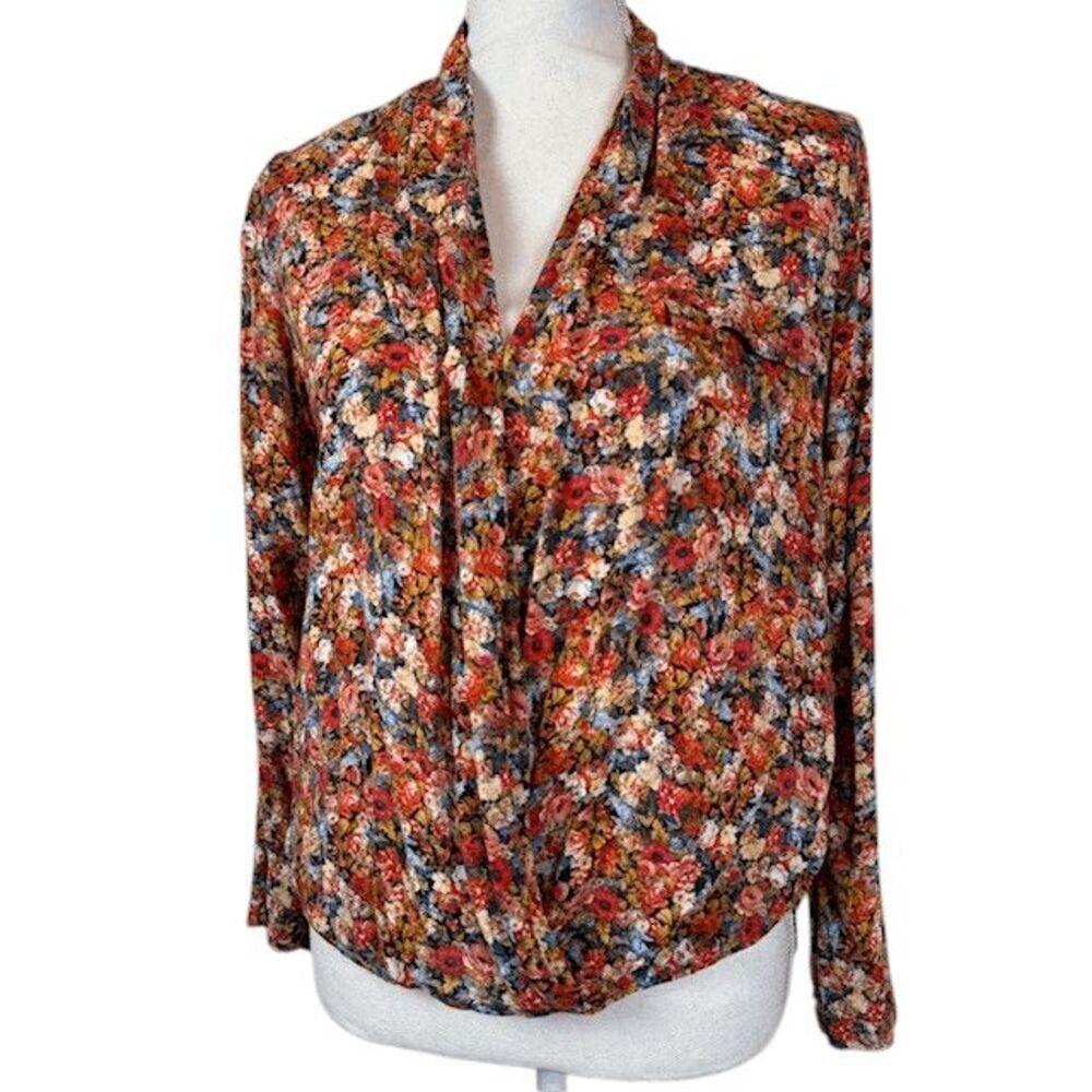 ZARA Floral Print Wrap Look Top High Low Hem Button Roll Cuffs Multicolor Medium